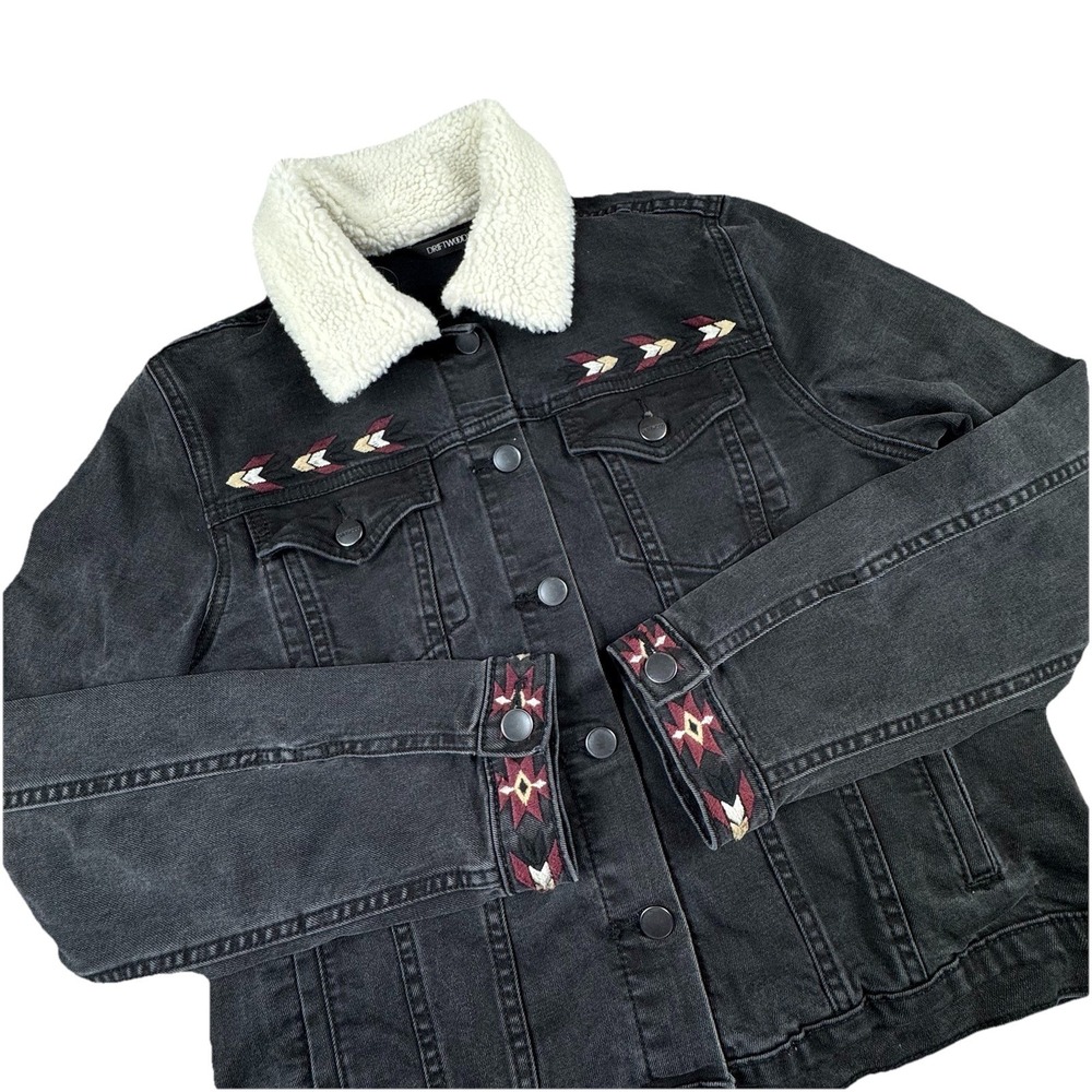 Driftwood Denim Jacket Women M Aztec Black Boho Embroidered Trucker Sherpa